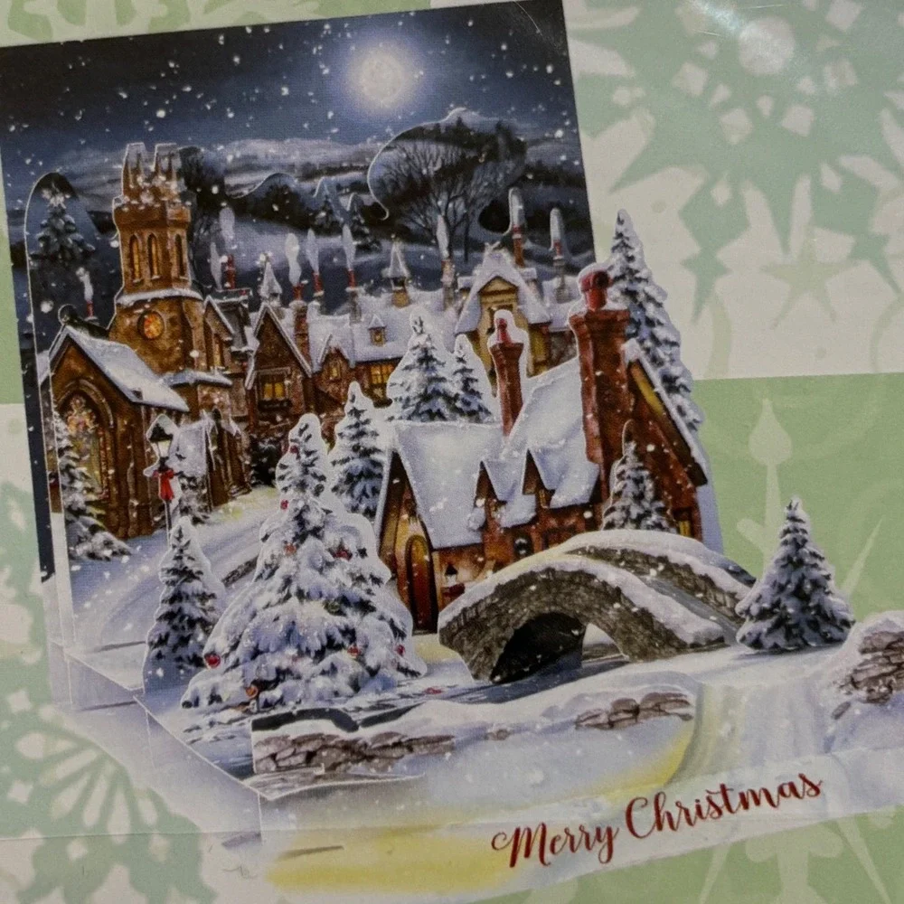 2 Vtg Christmas Pop Up Cards Village‎ Midnight Glow Holiday Winter Decor
